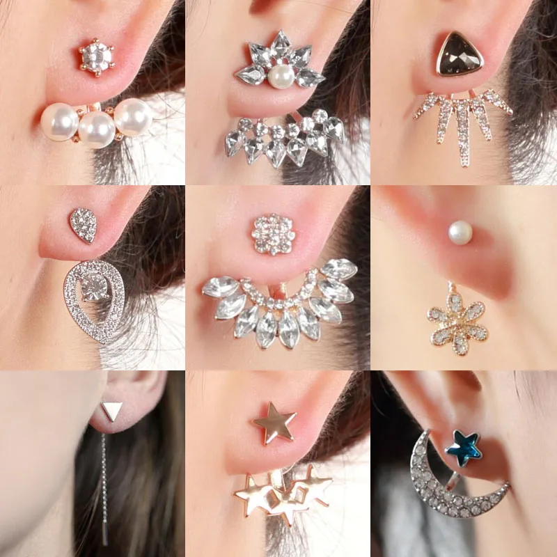 

SMJEL New 2018 Crystal Moon Star Stud Earrings for Women Wedding Jewelry Geometric Triangle Chain Ear Jackets Pendientes EJ060