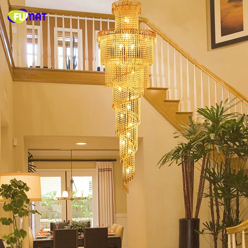 

FUMAT Gold Round Long Hollow Crystal K9 Stainess Steel LED Pendant Lighting Luxury Hanging Stairs Lamp For Dining Room Penthouse