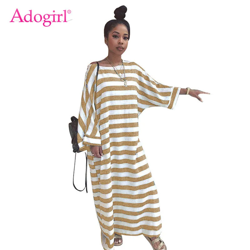Adogirl Stripe Print Oversize Dress O Neck Batwing Long Sleeve Loose Casual Maxi Women Autumn Outfits Streetwear Vestidos | Женская