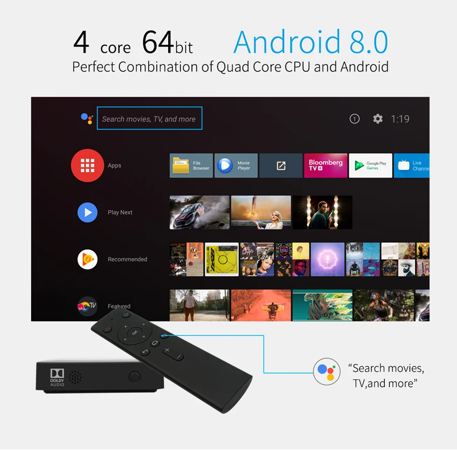 Mecool KM8 ТВ приставка Android 8,0 Голосовое управление 2 Гб 16 Гб Amlogic S905X 2,4G WiFi HDR 10 H.265 H.264 Поддержка Dolby Sound Google Cast