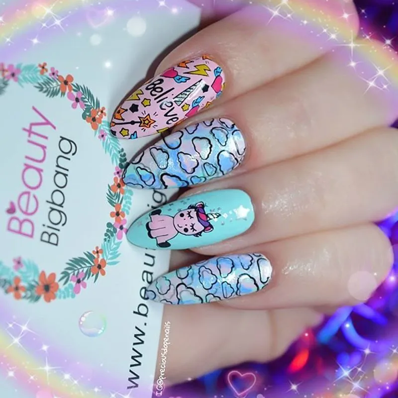 BeautyBigBang пластины для стемпинга ногтей прекрасный единорог Радуга облако шаблон пластины прямоугольный трафарет штамп для ногтей BBB XL-007