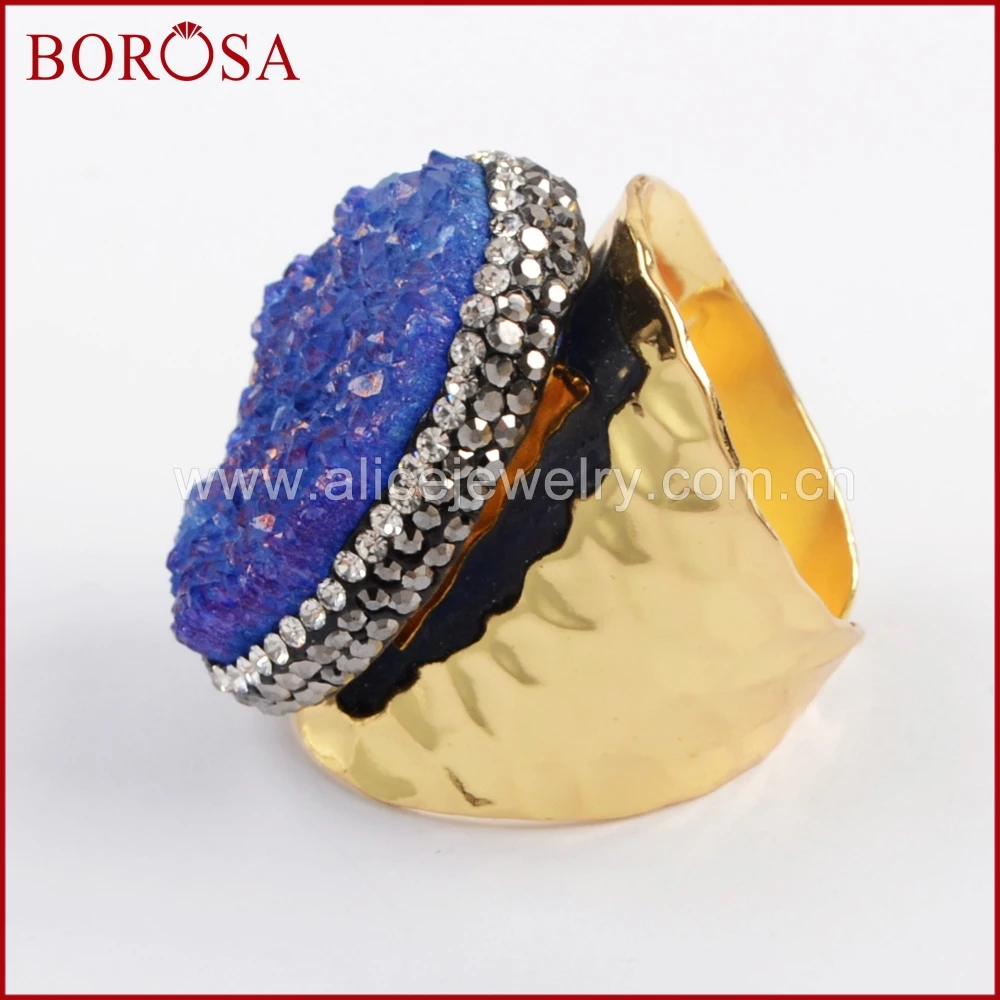 

BOROSA Size 7 Oval Blue Druzy Gold Band Ring Pave Rhinestone Drusy Crystal Gems Ring Party Drusy Jewelry for Women Girls JAB829