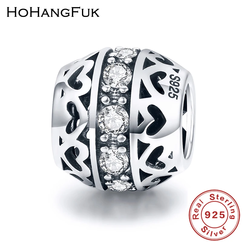 HoHangFuk 100% 925 стерлингового серебра стекируемые сердце с Clear CZ бусы браслет шарма