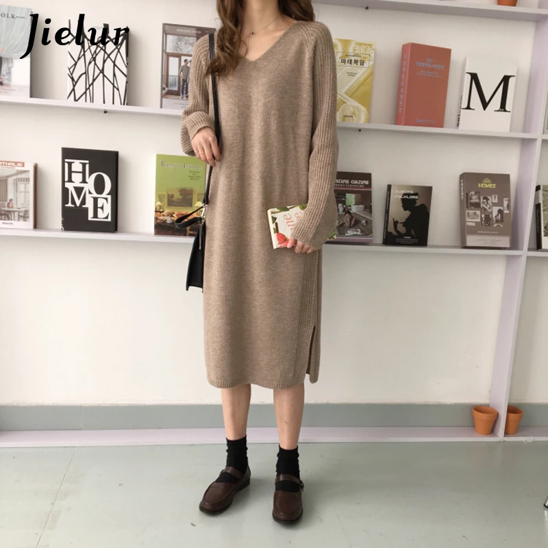 Jielur трикотажное платье Kpop Стиль v-образный вырез длинный рукав платья-свитера