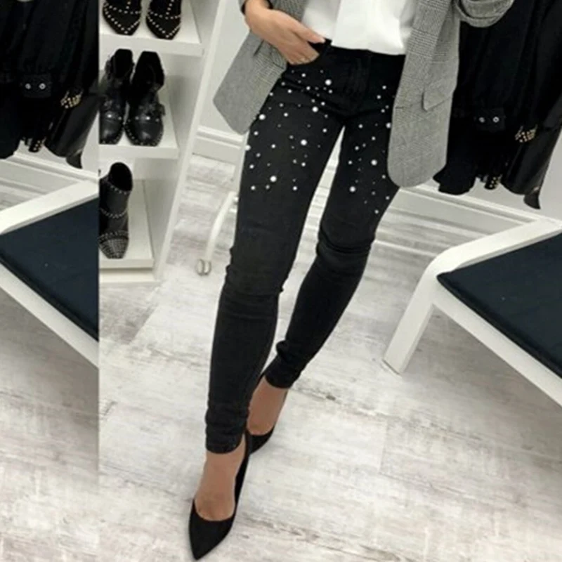 Женские брюки карандаш из денима с высокой талией и вышивкой|skinny denim pants|skinny denimdenim