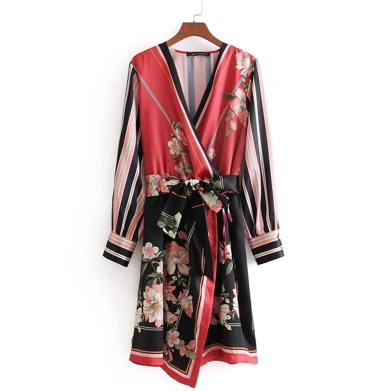 2018 Женские винтажные пикантные V шеи Лоскутная Floral Print Kimono мини-платье модные