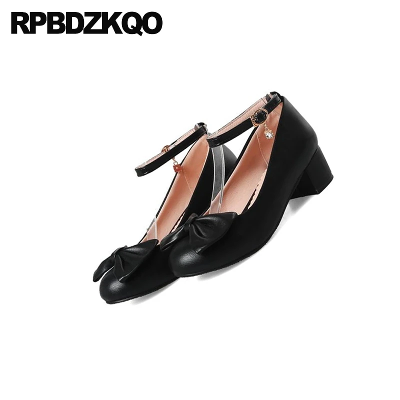 Sweet 11 43 New Dress Shoes Low Heel Round Toe Women Size 4 34 Black Plus Bow Thick Medium Pumps White 10 42 - 2019 Ankle Strap image 2