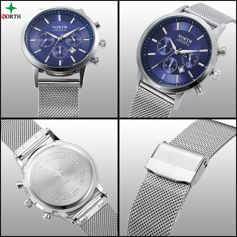 NORTH Men Watches Top Brand Luxury Business Quartz Watch Stainless steel Auto Date Sports Waterproof Relogio Masculino | Наручные часы