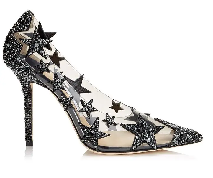 

Carole Levy 2019 Beautiful Five-pointed Star Crytal High Heel Shoes Woman Sexy Pointed Toe Wedding Shoes PVC Stiletto Heels
