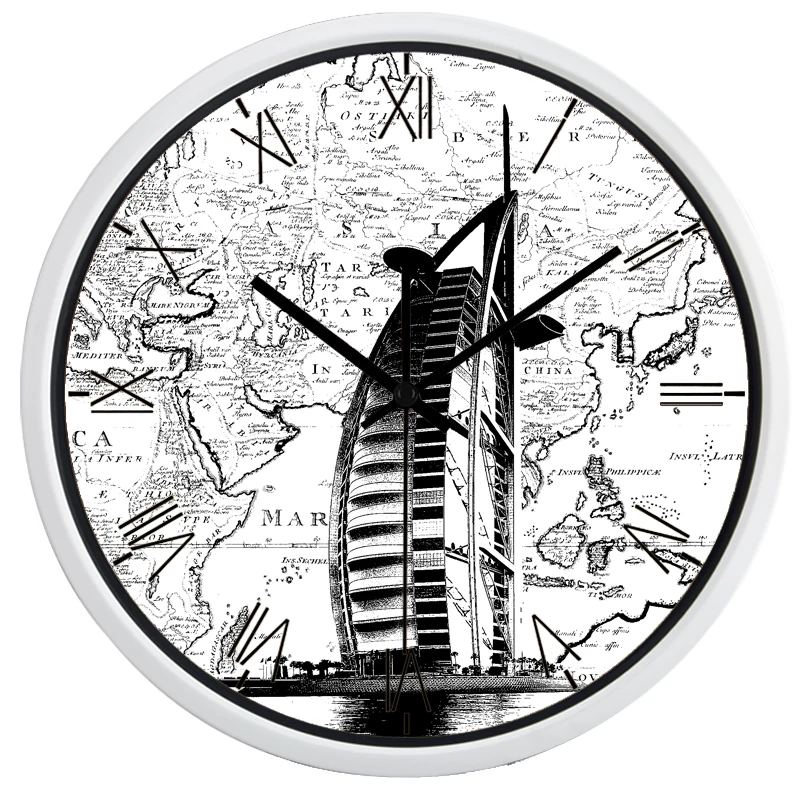 Большие декоративные настенные часы с изображением карты мира по времени Дубая