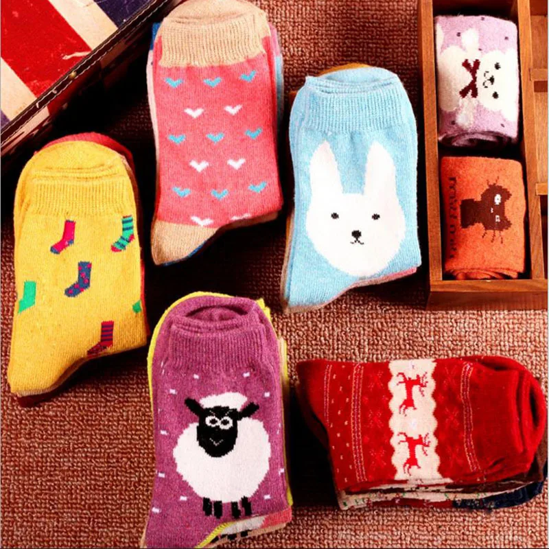 5 пар/упак. зимние шерстяные хлопковые носки толстые теплые женские милые