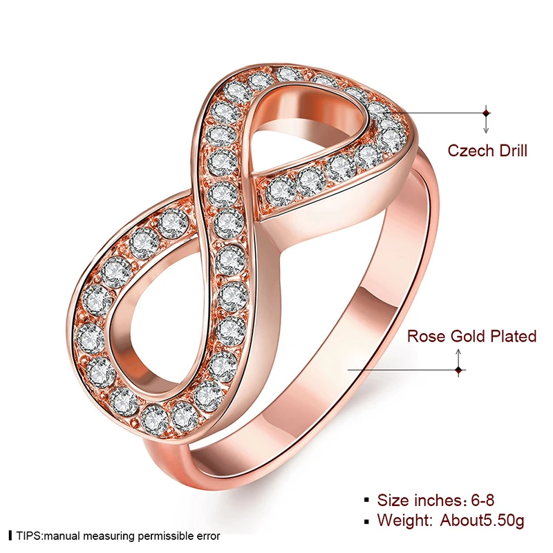 Sparkling Crystal Rings For Women Rose Gold-color 8 Shape Wedding Band Female Ring US Size 6 7 Top Quality Dropshipping | Украшения и