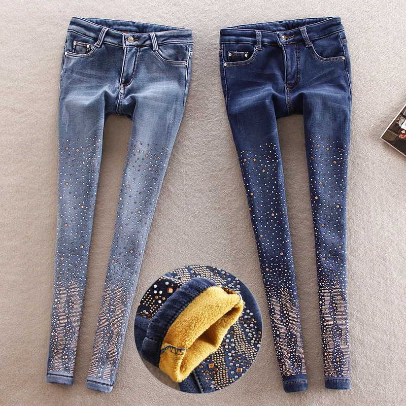 Джинсы на флисе женщина 2018 высокой талии теплые зимние джинсы женские джинсовые