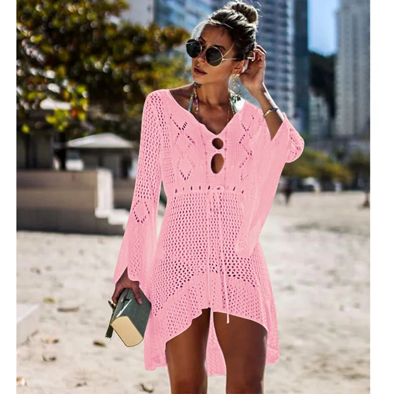 Pink Новинка, пляжное покрывало, бикини, вязанное крючком, пляжная одежда, летний купальник, накидка, сексуальное прозрачное пляжное платье - Цвет: Pink