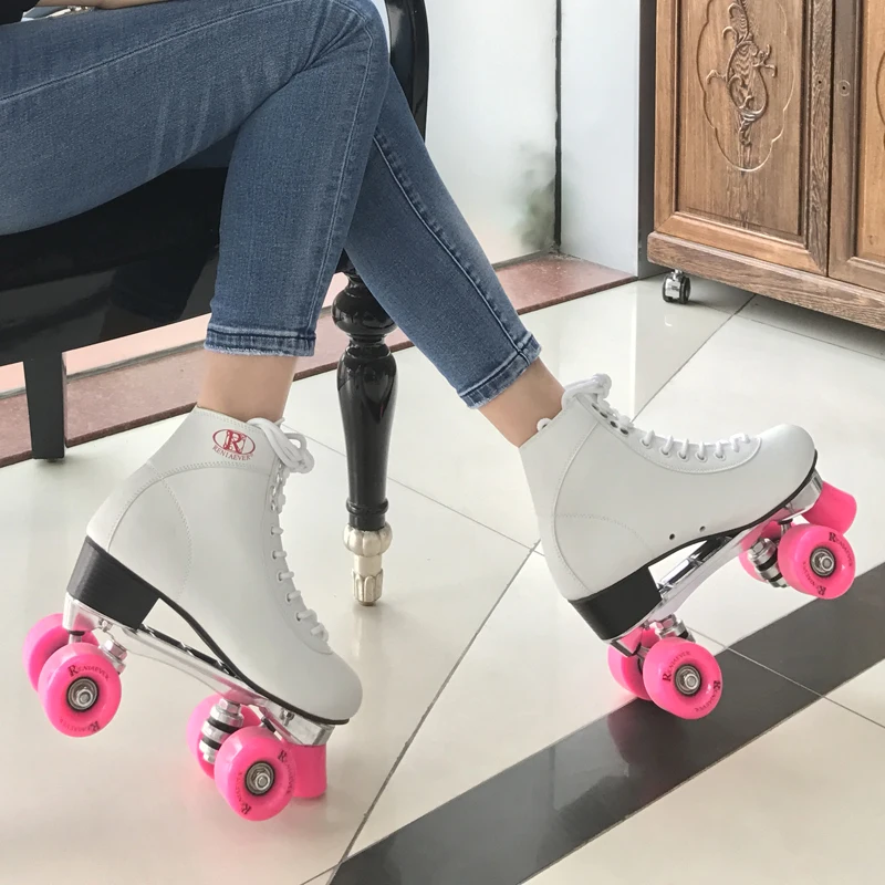 RENIAEVER женские классические ретро 4 колеса Quad роликовые коньки обувь для катания на коньках розовые колеса, белые туфли алюминиевая пластина