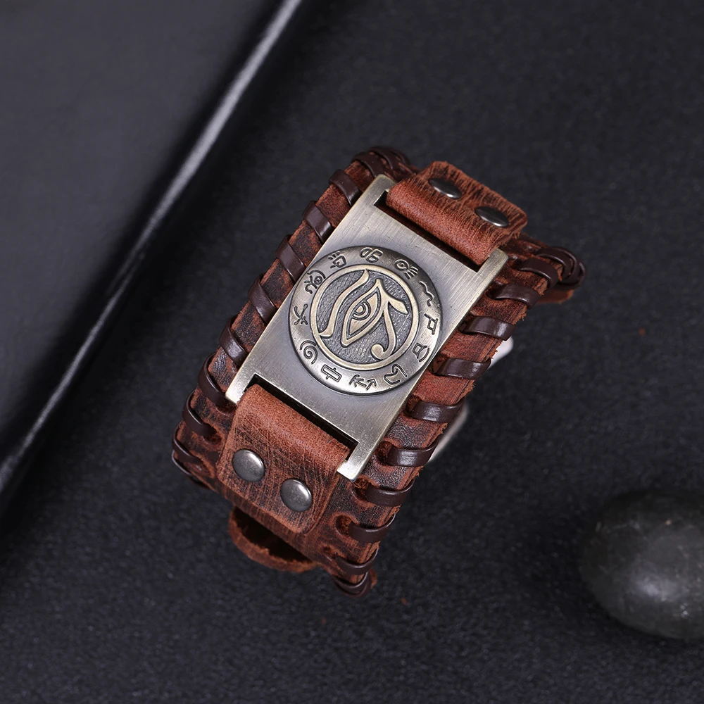 Dawapara Eyes Charm Genuine Leather Bracelet Bangles For Men's Wide Adjustable Antique Bronze Bracelets Men Jewelry | Украшения и