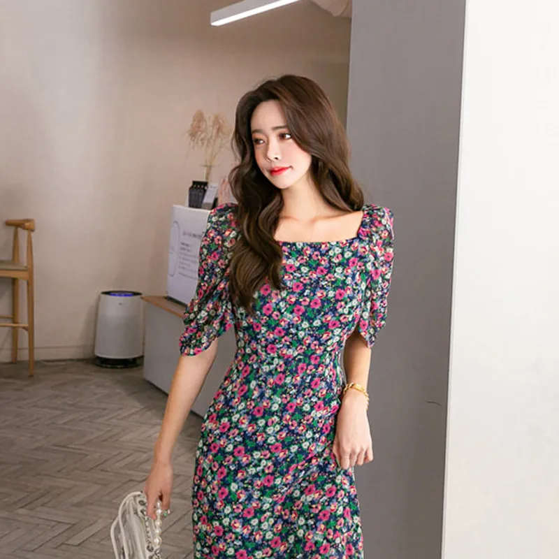 Summer Elegant Floral Print Women Mermaid Dress Slash-neck Half-sleeve Slim Waist Female Chiffon Midi Vestidos femme 2019 | Женская