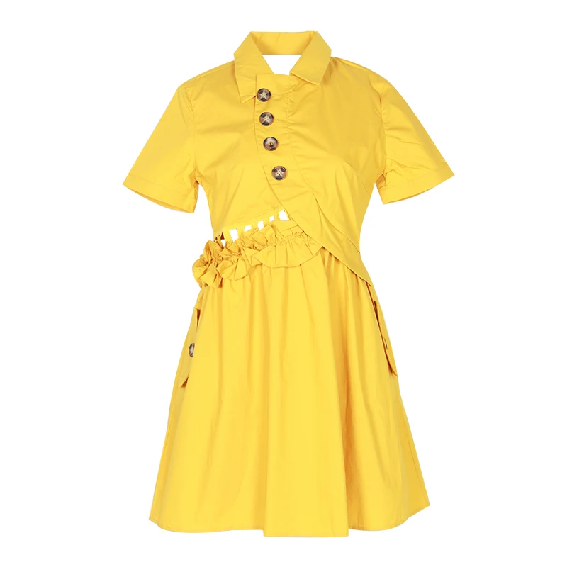 TWOTWINSTYLE элегантное однотонное женское платье с лацканами, коротким рукавом, высокой талией, пуговицами, оборками, тонкое мини-платье, женская мода, лето