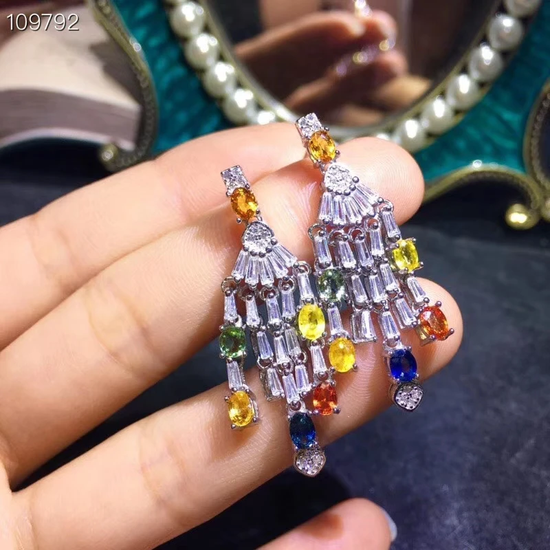 

natural Multicolor sapphire drop earrings S925 silver Natural gemstone earring Luxurious big Tassels women party gift jewelry