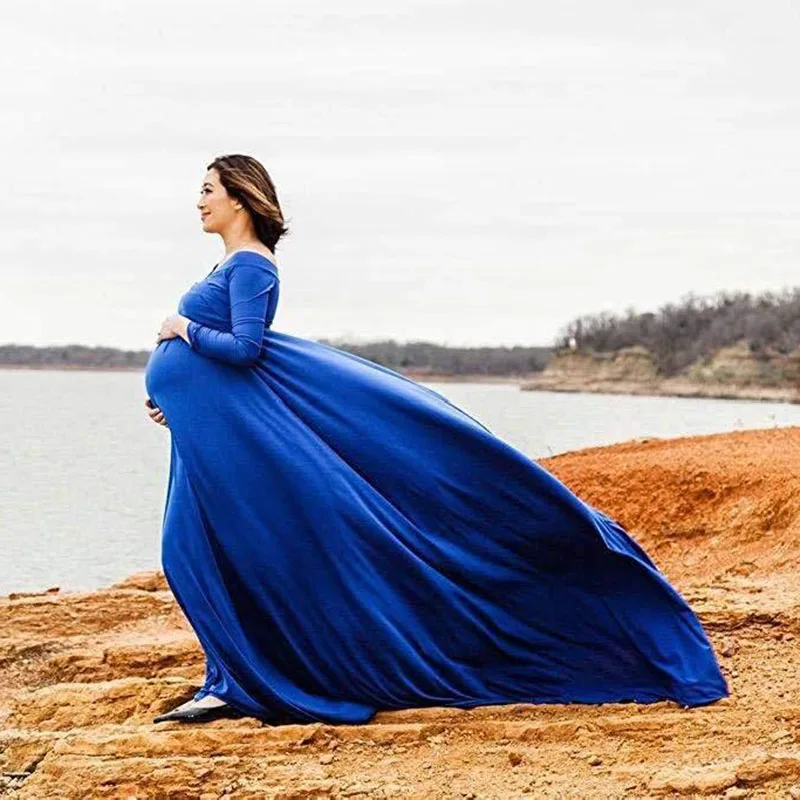 Платья для фотосессия для беременных платье для беременных фотография Реквизит летнее женское сексуальное платье с v-образным вырезом и длинным рукавом Макси для беременных - Цвет: Синий