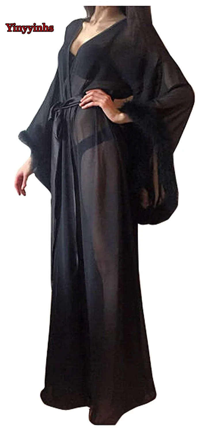 

Sexy White Illusion Long Lingerie Robe Nightgown Sleepwear Bridal Robe Wedding Scarf Birthday Party Evening Gown with Feather