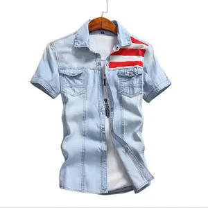 Мужская Тонкая джинсовая рубашка, голубая Повседневная хлопковая рубашка из денима с короткими рукавами, лето 2019