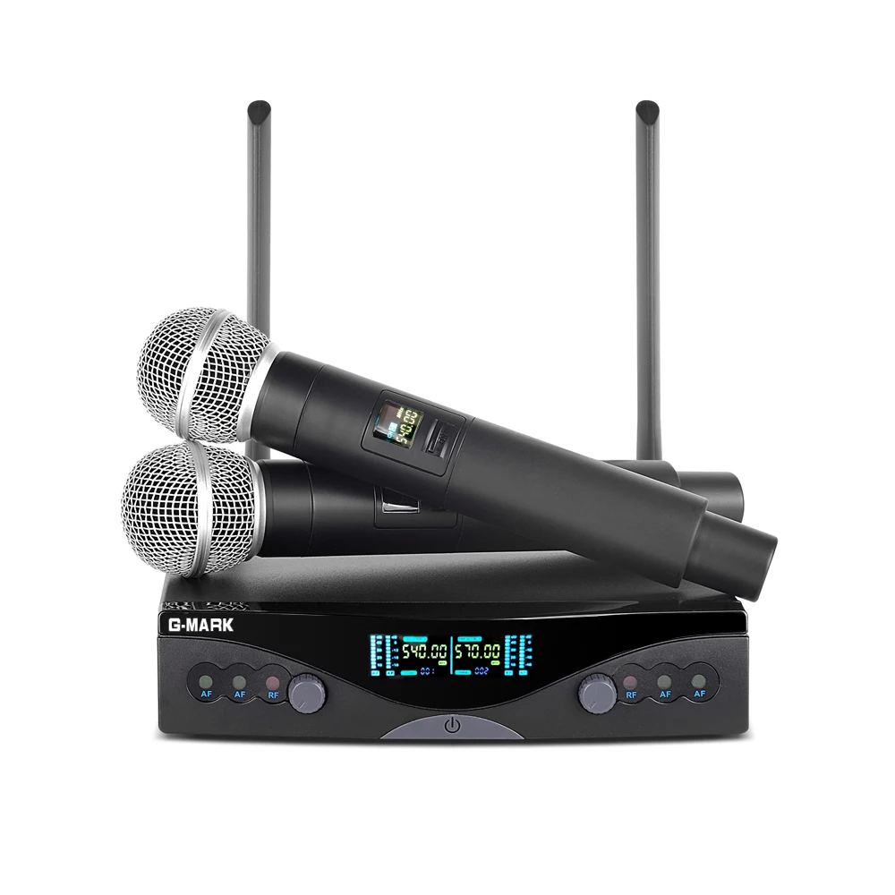 G-MARK Беспроводная микрофонная система UHF с длинным диапазоном, двухканальный, 2 ручных микрофона, передатчик, профессиональный караоке, высокое качество