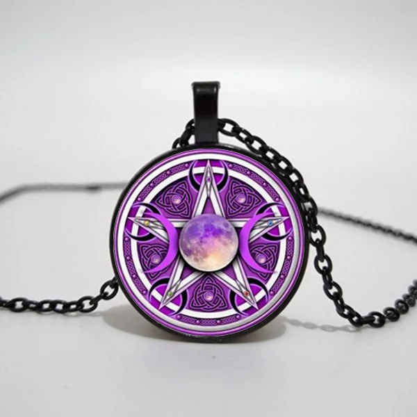 

Triple Moon Goddess Pendant Pentagram Necklace Witch Jewelry Glass Dome Witchcraft Necklace Glamour Weika Necklace