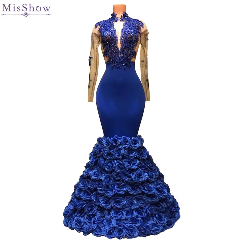 

Hot Royal Blue Mermaid Prom Dresses Sexy Rose Ruffles Party Dresses High Neck African Prom Gowns vestido de festa