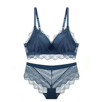 retro blue sexy mousse lace backless women lingerie bra and briefs sets deep V black white see through panties wireless young girl new - Цвет: retro blue