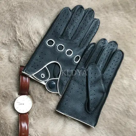 black white Осенние и зимние мужские перчатки из натуральной кожи новые модные брендовые Осенние Теплые Перчатки без Подкладки перчатки из сафьяна - Цвет: black white