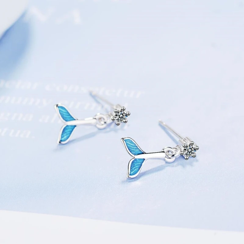 Sole Memory Blue Fishtail Zircon Cute Fresh Sweet 925 Sterling Silver Fashion Female Dangle Earrings SEA465 | Украшения и