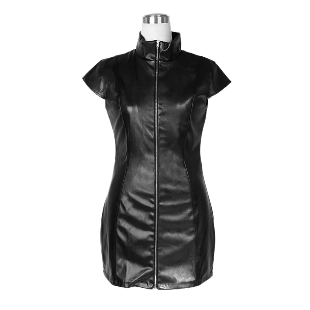 Женское облегающее платье черное Бандажное из искусственной кожи с коротким