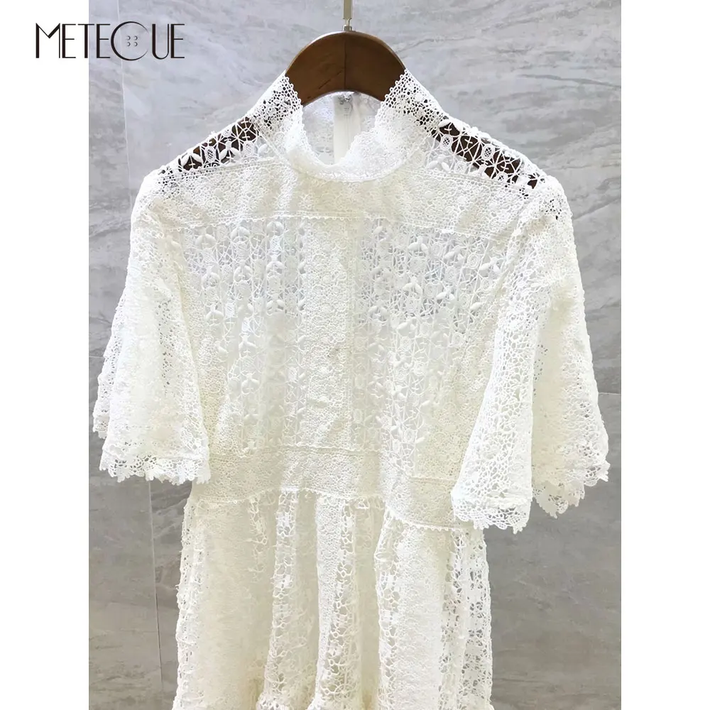 2 Pc Set White Lace Dress 2019 Spring Summer Fashion Stand Collar Butterfly Sleeve Midi | Женская одежда