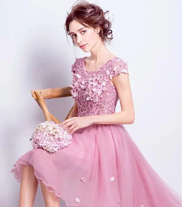 Fairy Elegant Fashionable pink short dresses graduation 2018 O-neck Formal Dress front with long sweep train Party Gown | Свадьбы и