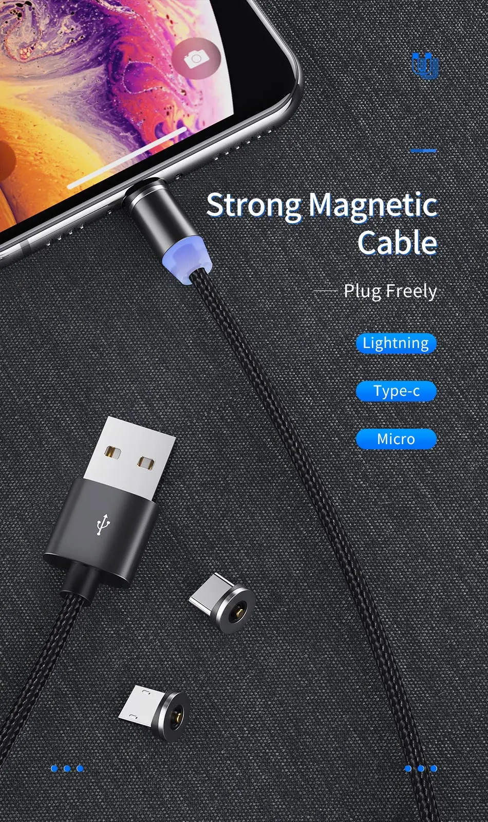 YKZ Магнитный USB кабель для huawei samsung type C type-C зарядный USB C Магнитный кабель Micro USB шнур для мобильного телефона для iPhone