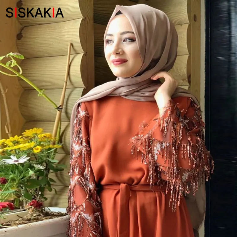Siskakia/Повседневные мусульманские женские платья модное платье с кисточками и