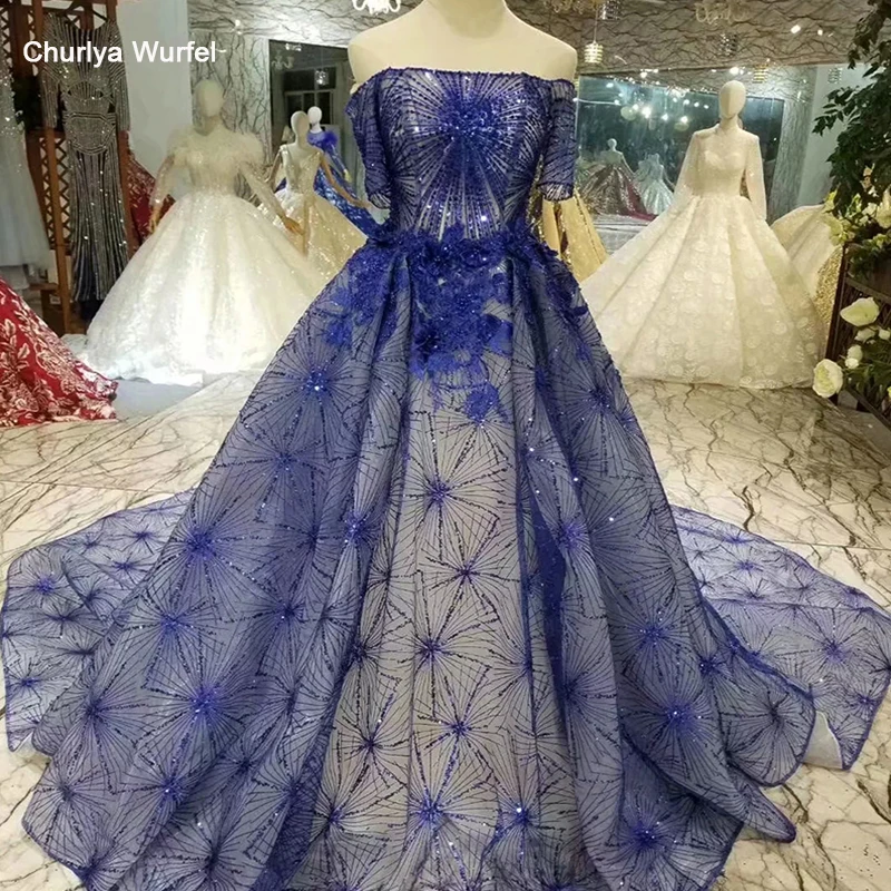 LSS399 синие вечерние платья Длинные лодочные шеи с открытыми плечами коротким