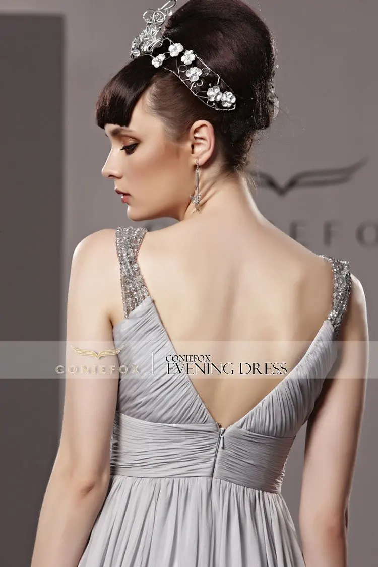 Kingfox V-Neck Silver Empire Elegant Princess Evening Dress 81195 | Свадьбы и торжества