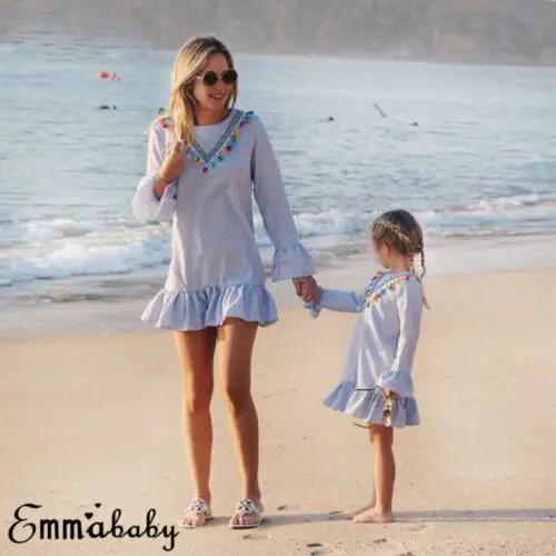 Платье в полоску для всей семьи одежда стиле бохо мамы и дочки мини-платье