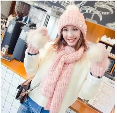 pink Вязаная шапка, шарф, перчатка, 3 шт., для девочек, с помпон из искуственного меха, мяч, 2 шт., комплект, женская шапка, зимняя розовая, с ушками, бусинами, наушниками - Цвет: pink