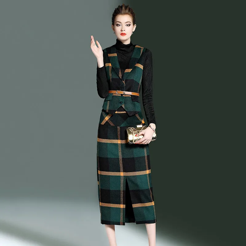 Green set AYUNSUE Осенняя Женская юбка шерстяной клетчатый карандаш юбка faldas mujer длинная юбка+ жилет топы комплект из 2 предметов женские костюмы 05081 - Цвет: Green set