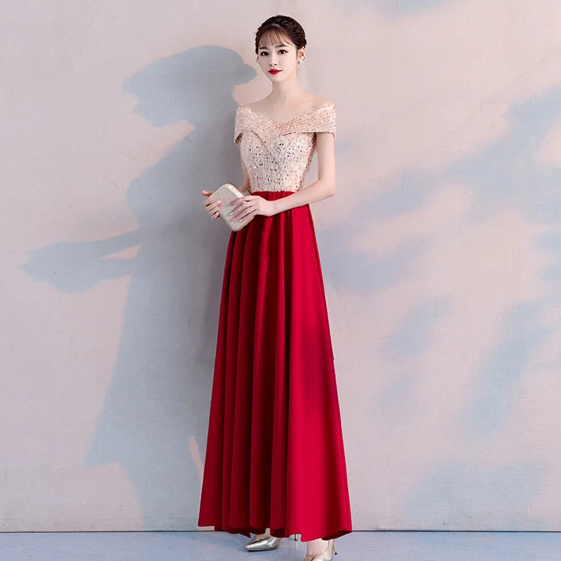 Женское вечернее платье с открытыми плечами винно-красное ТРАПЕЦИЕВИДНОЕ ПЛАТЬЕ