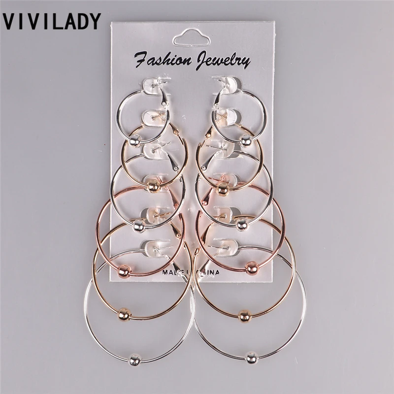 VIVILADY 6 Pairs/set Hoop Earrings Women Evening Party Gold Silver Color Lead Cadmium Free Summer Jewelry Newest Birthday Gifts | Украшения