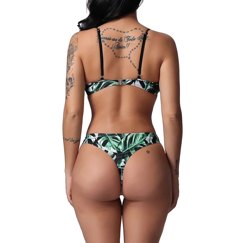 Для женщин Листья печати зеленый бинты бикини из двух предметов набор Пуш-ап