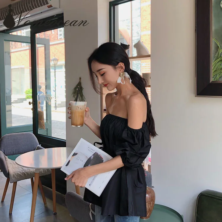 Пикантные Для женщин тонкий черный Slash шеи с плеча блузка женщины Повседневное