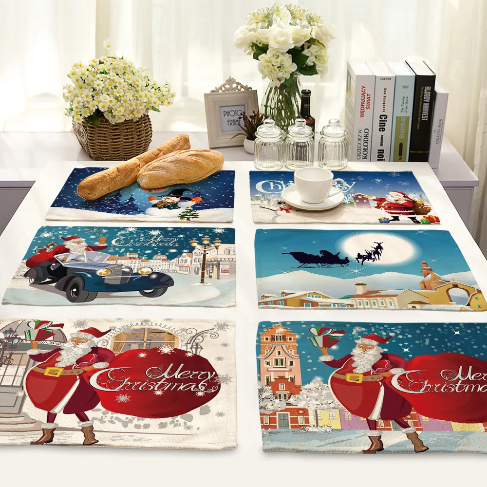 Cartoon Cotton Linen Christmas Placemat Rectangle Table Mats for Dining Table Home Kitchen Decoration Accessories Table Coaster
