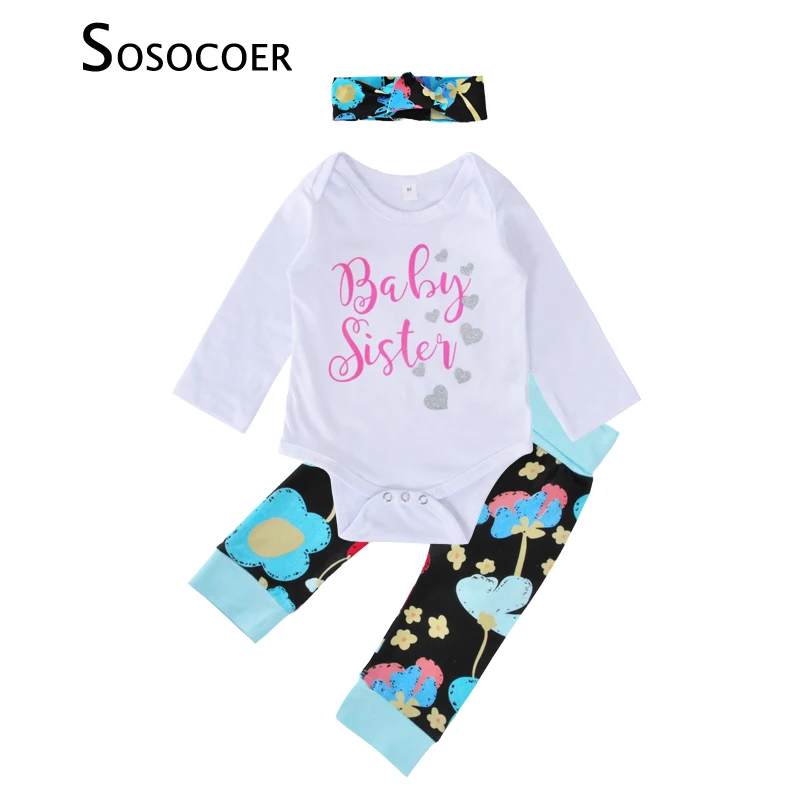 

SOSOCOER Baby Clothing Sets Spring Autumn Girls Clothes Sister Heart Rompers+Flower Pants+Floral Headband Kids Girl Clothing Set