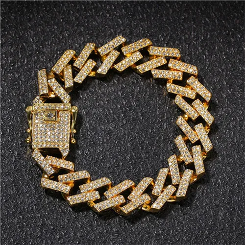 Хип-хоп 15 мм кубинская цепь Bling Iced Out Циркон Стразы Полный AAA проложили Стразы мужские браслеты для мужчин ювелирные изделия - Окраска металла: Gold