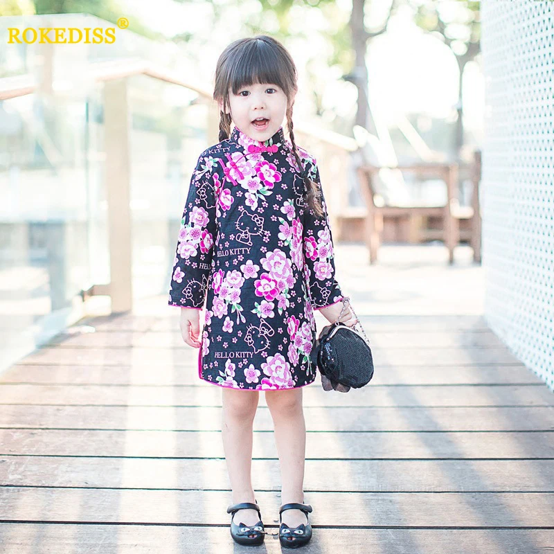 Девушки Cheongsam Осень 2016 Новый Хлопок Печати Платья Традиционный Китайский Одежда